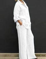 Ensemble chemise et pantalon pour femme, style vintage, uni, manches longues, boutonné, chemisier et pantalon droit ample, tenue décontractée