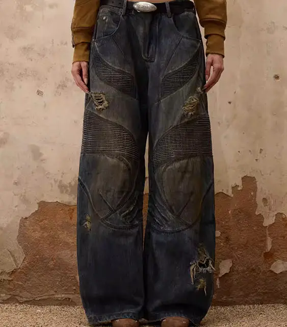 Armor Structure Stains Hand Rubbing Color OEM Jeans All Seasons Holes And Edges Technique Unisex Loose Casual Jeans Men Pants