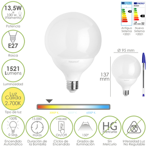 Lampadina LED Globo E27 13,5 Watt. Equivalente a 100 Watt. 1521 Lumen. Bianco caldo 3000K. - Product Image 1
