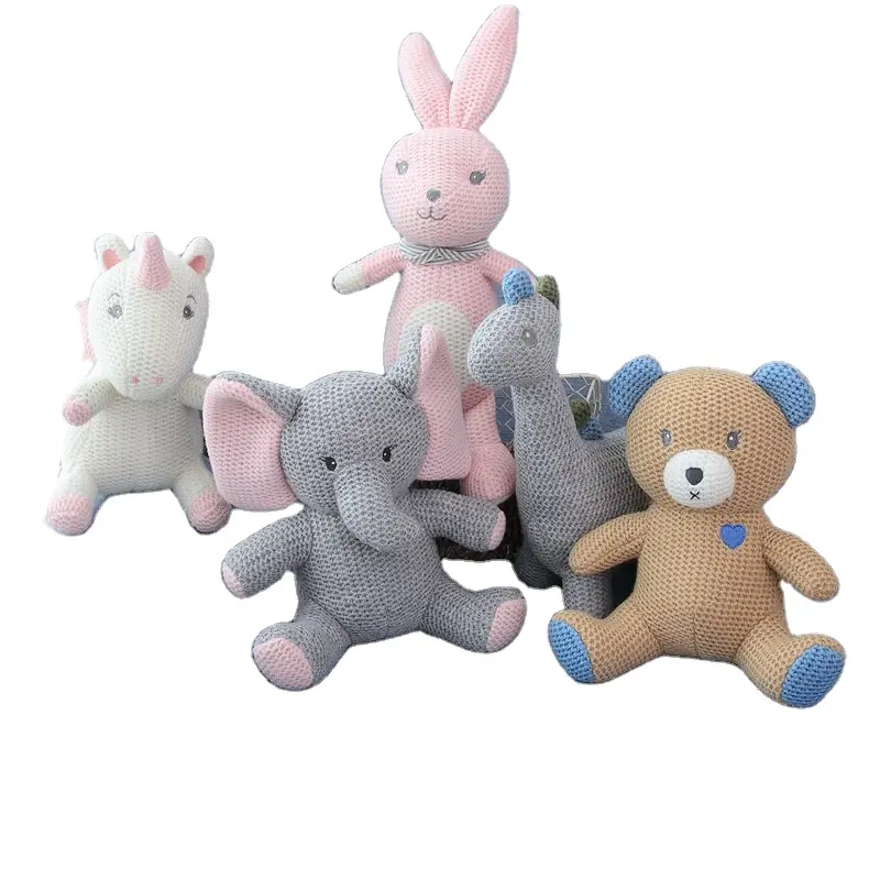 cute knitted stuffed toy cotton bear rabbit horse unicorn dinosaur elephant knitted stuffed animals with small bell knit dolls