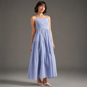 Vestido maxi azul de tirantes finos con volantes para mujer, corte A, holgado, de algodón, informal, de verano, con bolsillos, personalizado - Product Image 2