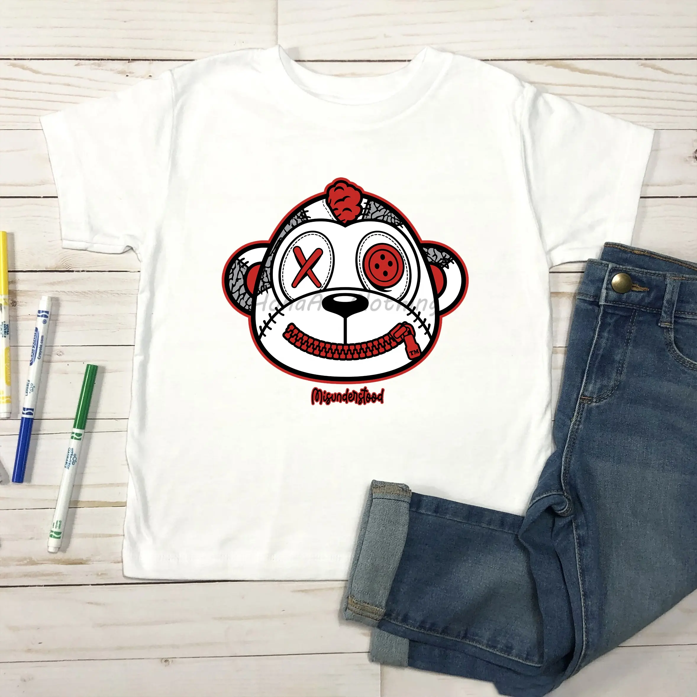 Fire Red 3s Unisex Kids T Shirts Sneaker Match Misunderstood Monkey Shirts 100% Cotton High Quality Graphics T-shirt For Kids