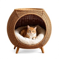 Lit pour animaux de compagnie en rotin tissé à la main, niche ronde tissée avec coussin en peluche pour chats et petits chiens