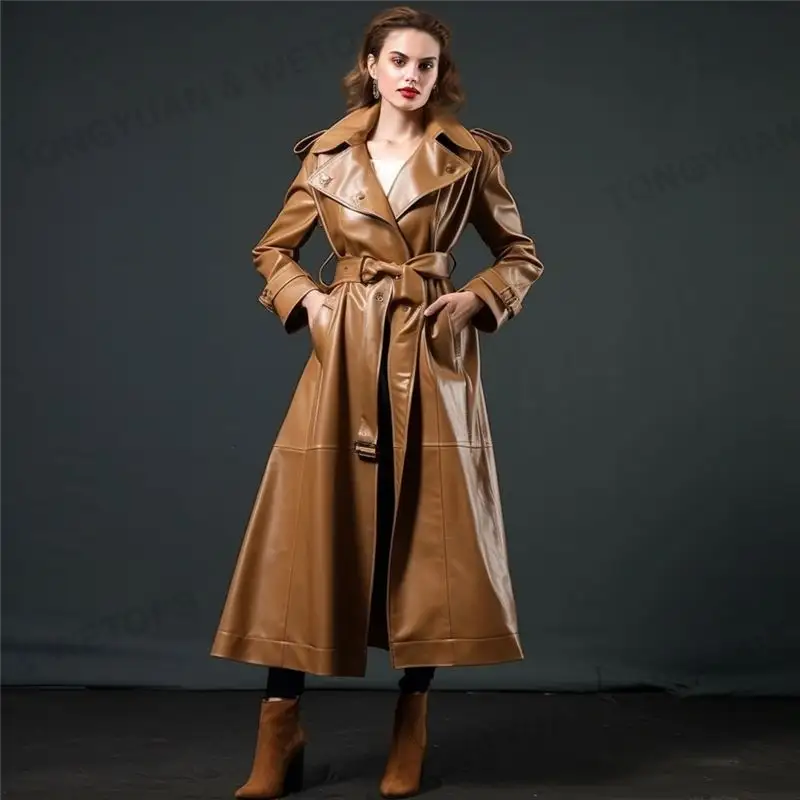 कस्टम कपड़े निर्माता चमड़े के कोट बड़ी महिला ट्रेंच मध्य-लंबाई वाले ट्रेंच कोट ब्रिटिश ओवर-द-घुटने ओवरकोट