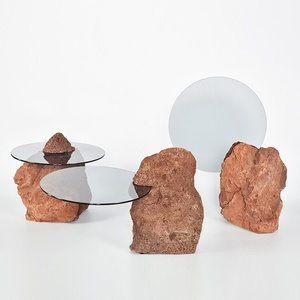 New Chinese-style Modern Natural Stone Round Glass Screen Tray Ornament Model Room Entrance <b>Bookend</b> Clock Study Room Decoration - Product Image 1