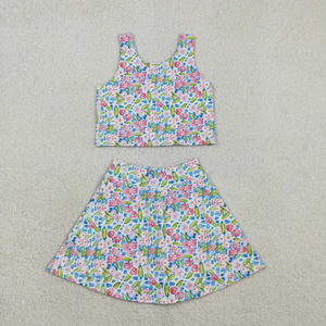 Conjunto de Ropa de Yoga para Niñas, Top y Falda/Shorts con Flores Rosas y Azules, para Verano - Product Image 1