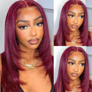 วิกผมสีน้ำตาลเบอร์กันดีเข้ม แบบตัดเลเยอร์ พร้อมเชือกผูกผมแบบลูกไม้ วิกผมแท้แบบตรงธรรมชาติ - Product Image 3