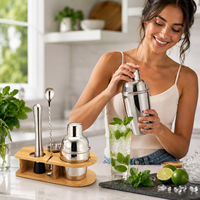 Ensemble de shaker à cocktails en acier inoxydable, 4 pièces, outils de bar avec support en bois de bambou, doseur, pilon, cuillère de bar pour bar à domicile
