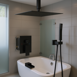 Sistema de ducha cuadrado de techo negro mate con caño de cascada de 12 pulgadas para bañera, juego de baño - Product Image 2
