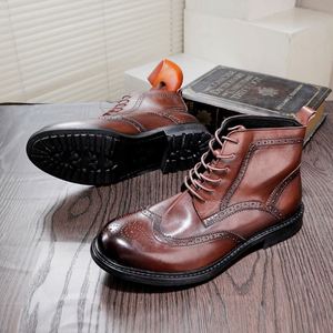 Autumn New Arrival Men's <b>Boots</b> Brogue Carved Retro Ankle <b>Boots</b> Goodyear Welt Craftsmanship Handmade - Product Image 5