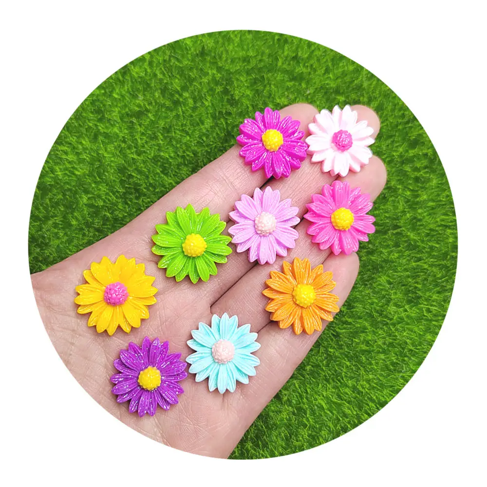 21Mm Daisy Bunga Resin Kerajinan 3D Bunga Pesona Desain Pipih untuk Kuku Buku Tempel Casing Ponsel Sepatu Gesper Dekorasi