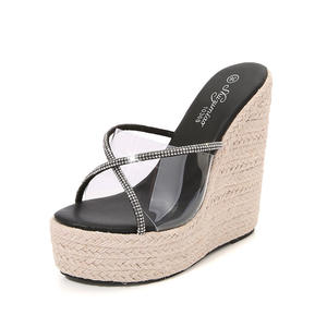 Sandalias de cuña deslizantes con plataforma de alpargata de banda cruzada <span class=keywords><strong>transparente</strong></span> de verano con correa de diamantes de imitación tendencia de moda con cierre de cordones - Product Image 1