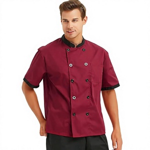 Chaqueta de Chef Borgoña para Hombre, Manga Corta, Cuello Mao, Estampado de Dibujos Animados, Ribete en Contraste, Suave, 100% Algodón, Botones a Presión, Uniforme de Trabajo - Product Image 1