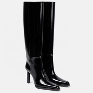 Mirror Patent Long Booties Women on Knee High <b>Boots</b> Black Shiny Shoes Pointed Toe Small Chunky Heels Unique Design - Product Image 3