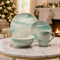 Service de table en porcelaine vert menthe marbré, assiettes, bols, tasses, 16 pièces