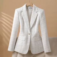 Nouvelle Collection Printemps-Automne – Blazer Élégant en Tweed Blanc à Carreaux pour Femme, Coupe Slim, Simple Boutonnage, Idéal pour le Business Casual