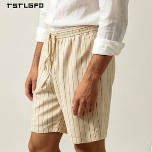Men Cream Vertical Pinstripe Linen Blend <strong>Shorts</strong> Elasticated Drawstring Waist Relaxed Fit <strong>Old</strong> Money Resort Summer Beach <strong>Shorts</strong> - Product Image 3