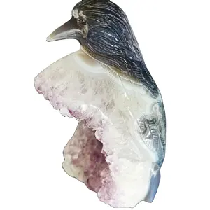 天然宝石手工雕刻愈合水晶紫水晶玛瑙大地鸟雕像家居装饰