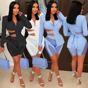 Otoño <span class=keywords><strong>cielo</strong></span> azul trajes de mujer Chaquetas con cordones de manga larga Blazer malla pantalones cortos 2 uds conjunto Sexy <span class=keywords><strong>se</strong></span>ñoras abrigo trajes de dos piezas - Product Image 1