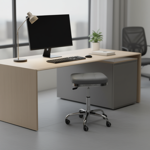 Sgabello con Ruote 32x32x46-60cm in Pelle PU Grigia con Base Cromata, Sedia da Ufficio dal Design Moderno, Arredamento Commerciale - Product Image 2