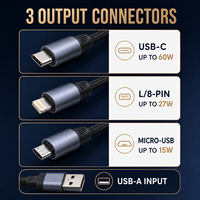 Câble de charge rapide 3-en-1 USB-A vers Type-C et Micro USB 8 broches avec écran LCD 60W, tressé en nylon, multi-connecteurs, vente en gros OEM