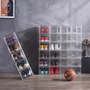 Home Drop Front Shoe Storage Container With Magnetic Door Transparent Basketball Sports Shoe Case Sneaker Display Box