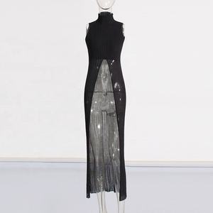 OUDINA Slim Sexy tricot <span class=keywords><strong>pull</strong></span> col haut <span class=keywords><strong>sans</strong></span> manches fendu chandails pour femmes solide décontracté femmes chandails - Product Image 3