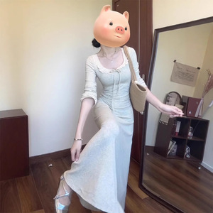 High Waist Lace Trim Sheath Dress Flower Gray Square Collar Long Dress For Women Autumn Fashion Style YX-9188 - Product Image 1
