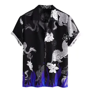 夏季定制黑龙印花男士独特短袖纽扣升腾夏威夷数码印花男衬衫