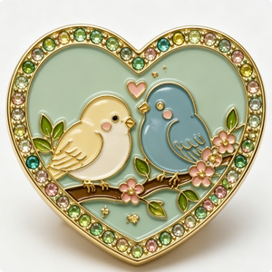 Heart-Shaped Gold-Plated Metal Enamel <b>Pin</b> With Love Birds And Flowers For Valentine'S Day - Product Image 5