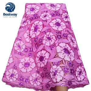 Bestway High Quality African Pink Cord Guipure Embroidery Lace Fabric With Sequins For African Wedding