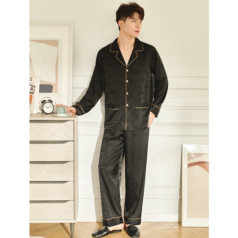 Жаккардовая атласная Шелковая пижама с длинными рукавами и отложным воротником