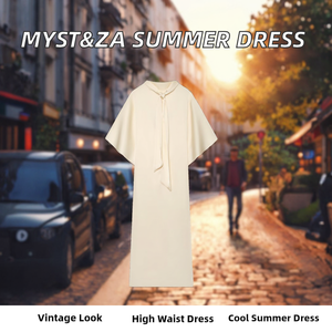 Women's for Solid <b>Vintage</b> <b>Summer</b> Maxi <b>Dress</b> with Tie Neck Cap Sleeve Loose Fit Casual Woven 100% Polyester - Product Image 2