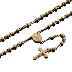 Bijoux design personnalisé avec jésus, collier pendentif en croix, collier de perles en acier inoxydable, or, vente en gros