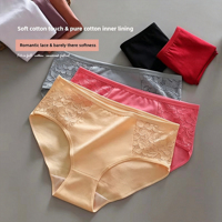 Celana Dalam Wanita Katun Murni Pinggang Sedang, Aksen Renda Bunga, Lembut Ramah Kulit, Bernapas, Celana Dalam Wanita Polos untuk Sehari-hari