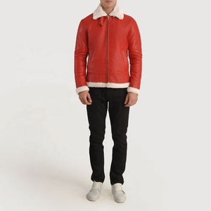 Blouson aviateur en cuir véritable rouge pour homme avec doublure en fausse fourrure, fermeture éclair, coupe ajustée, style motard d'hiver - Product Image 1