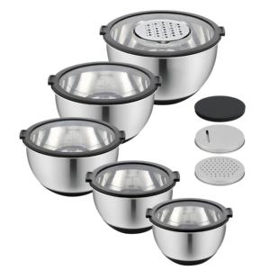 Set di 5 Ciotole in <span class=keywords><strong>Acciaio</strong></span> Inox ODM <span class=keywords><strong>con</strong></span> Coperchi, Base Antiscivolo in Silicone, 3 Grattugie e Coperchi Personalizzati per Cucina - Product Image 5