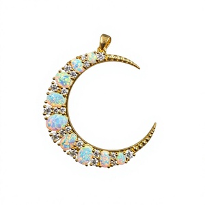 <b>Moon</b> Pendant With 925 Silver Moissanite Opal And Diamond Accents Bohemian Style Themed <b>Charm</b> For Unisex Jewelry Gift - Product Image 1
