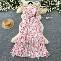 Gaun Maxi Wanita Musim Semi Musim Panas Lengan Panjang Motif Bunga Bahan Sifon Berlapis Ruffle dengan Ikat Pinggang, Model Flowy untuk Pesta Santai dan Liburan