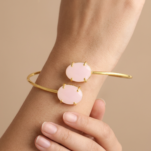 Pulsera Ajustable de Calcedonia Rosa de Moda al por Mayor, Bañada en Oro de 18k, con Doble Piedra Engastada, Joyería de Brazalete Abierto - Product Image 1