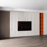 Meuble TV avec étagères ouvertes et tiroirs, minimaliste, en MDF blanc, pour salon, bois naturel