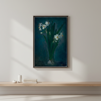 Lukisan Minyak Bunga Narcissus Impresionis Latar Belakang Biru Karya Seni Lu Hua, Dilukis Tangan, Ramah Lingkungan, Realistis, Kanvas Linen Kayu