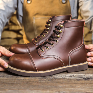 Botas de Motero Retro Americanas de Cuero Vacuno para Hombre, Botas de Trabajo Casuales de Caña Alta con Punta Redonda y Suela Gruesa, Calzado para Exteriores - Product Image 3