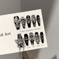 Faux ongles à presser faits main, noirs gothiques de luxe, avec motif camée 3D, réutilisables, longs, forme cercueil, à coller