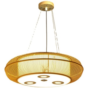 Lustre rond en bambou tressé de style chinois avec éclairage LED et spots pour restaurant ou salle privée - Product Image 1