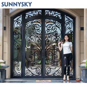 Sunnysky phong cách Pháp lối vào nhà rèn đôi sắt kính phía trước hiện đại đúc an ninh rèn cửa - Product Image 3