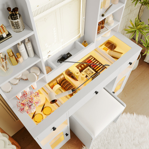 43.2" LED Vanity Desk with RGB <b>Mirror</b> Lights, 5-Drawer <b>Dressing</b> <b>Table</b> with Stool, White MDF & Glass Top <b>for</b> Bedroom - Product Image 3