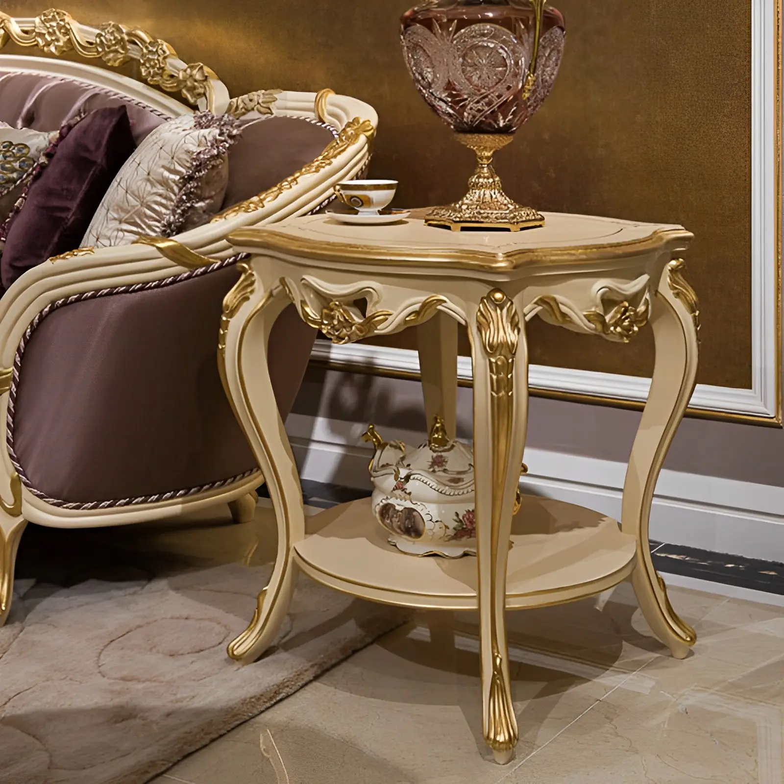 Table basse classique de style français Mobilier rond en feuille d'or beige de luxe pour le salon Table basse classique