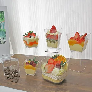Taza de postre de mousse de gelatina de pastel transparente mini PS serie cuadrada desechable con cuchara y tapa