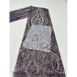 Sang Trọng Màu Đen 3D Thêu Vải Tuyn Ren Vải Handmade Với Bead Sequins Hoa Lớn Và Rhinestone Thiết Kế Cho Đám Cưới - Product Image 5